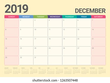 December 2019 desk calendar vector illustration, simple and clean design.