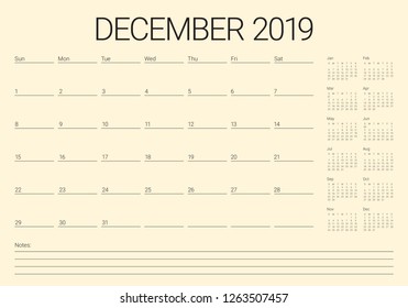 December 2019 desk calendar vector illustration, simple and clean design.
