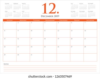December 2019 desk calendar vector illustration, simple and clean design.