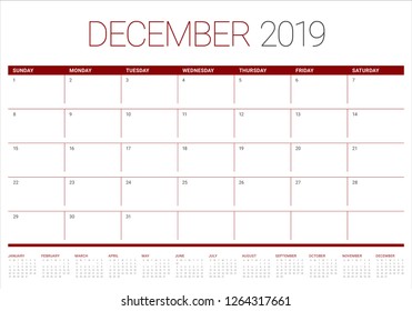 December 2019 desk calendar vector illustration, simple and clean design.
