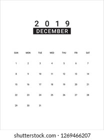 December 2019 desk calendar vector illustration, simple and clean design. 