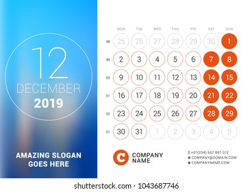 December 2019. Desk calendar for 2019 year. Vector design print template with place for photo. Week starts on Monday. Calendar grid with week numbers