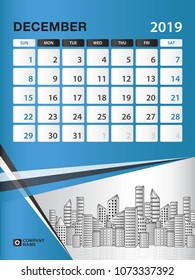 DECEMBER 2019 Month template, Desk Calendar for 2019 year, week start on sunday, planner, stationery, Blue Concept, vertical layout vector illustration