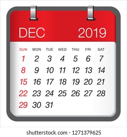 December 2019 monthly calendar vector illustration, simple and clean design. 