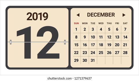 December 2019 monthly calendar vector illustration, simple and clean design. 