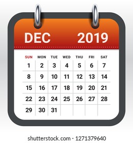 December 2019 monthly calendar vector illustration, simple and clean design. 