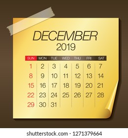 December 2019 monthly calendar vector illustration, simple and clean design. 