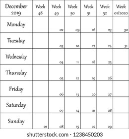 December 2019 Planner with number for each Weak