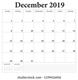 December 2019 -planning calendar. Weeks start on Sunday.