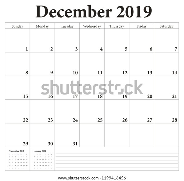 December 2019 Planning Calendar Weeks Start Stock Vector (Royalty Free ...