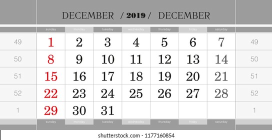 December 2019 quarterly calendar block. Wall calendar in English, week starts from Sunday. Vector Illustration.