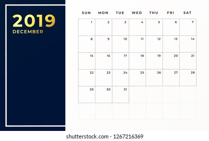 December 2019 schedule template. Week starts on sunday empty calendar month