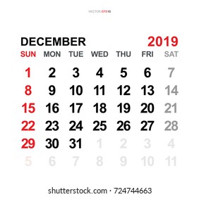December 2019. Vector monthly calendar template 2019 year in simple style for template design. Week starts from Sunday.