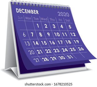 December 2020 3D desktop calendar in white background