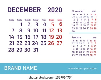 December 2020 Calendar Design. Vector template