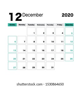 December 2020 Calendar Leaf. Week Starts On Sunday. Printable Vector Stationery Design Template