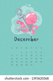 December 2020 calendar page. Vector cartoon illustration with cute pink octopus character sleeping on the ship anchor. Template for print. Vertical layout.
