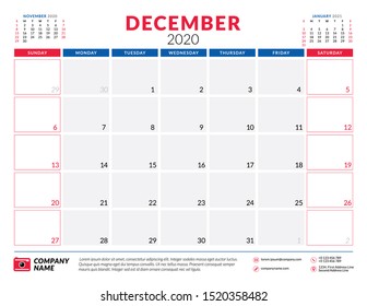 December 2020. Calendar planner stationery design template. Vector illustration. Week starts on Sunday