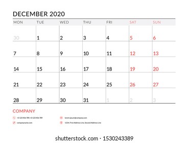 December 2020. Calendar planner stationery design template. Vector illustration. Week starts on Monday