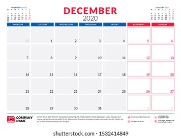 December 2020. Calendar planner stationery design template. Vector illustration. Week starts on Monday