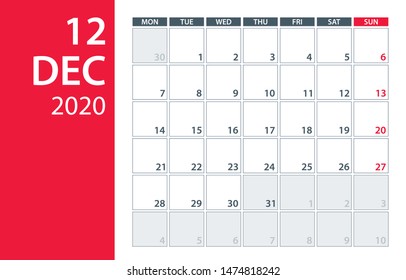 December 2020 Calendar Planner - Vector Illustration. Template. Mock Up.