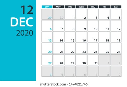 December 2020 Calendar Planner - vector illustration. Template. Mock up.