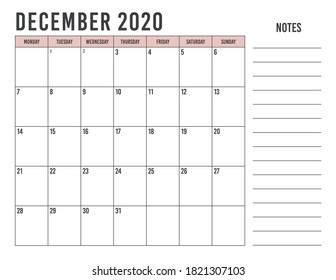 December 2020 Calendar Planner - Vector Illustration. Template