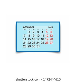 December 2020. A calendar sheet with two days off per week.