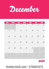 December 2020 Calendar Sheet. Week Start Sunday Modern Design Template.