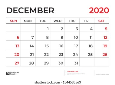 DECEMBER 2020 Calendar template, Desk calendar layout  Size 9.5 x 6.5 inch, planner design, week starts on sunday, stationery design, vector Eps10