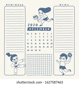 December : 2020 Calendar Template With Kids And Sport Equipments : Vector Illustration