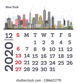 December 2020 Calendar Template with New York City Skyline. Vector Illustration. Template for Print. Week starts from Sunday.