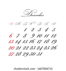 December 2020 Calendar vector with calligraphic font