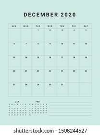 December 2020 desk calendar vector illustration, simple and clean design. 