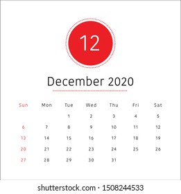 December 2020 desk calendar vector illustration, simple and clean design. 