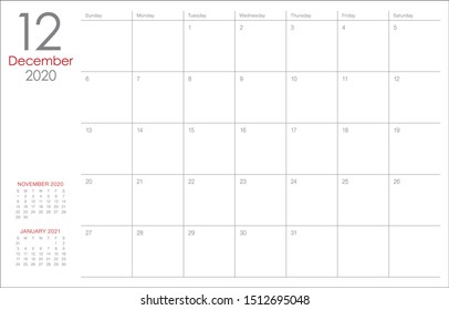 December 2020 desk calendar vector illustration, simple and clean design. 
