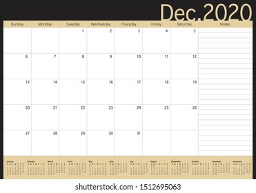 December 2020 desk calendar vector illustration, simple and clean design. 
