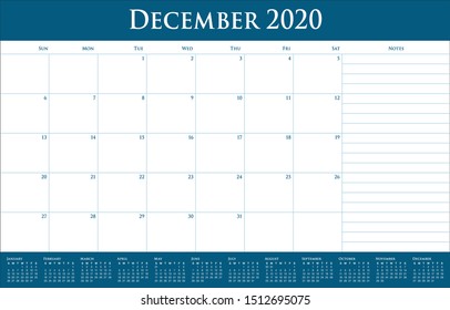 December 2020 desk calendar vector illustration, simple and clean design. 
