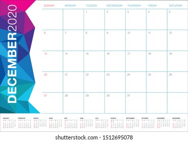 December 2020 desk calendar vector illustration, simple and clean design. 
