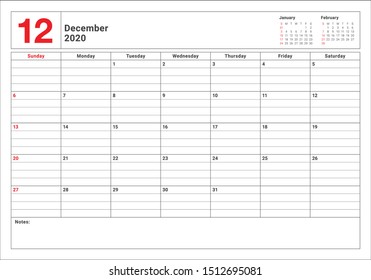 December 2020 desk calendar vector illustration, simple and clean design. 
