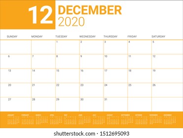 December 2020 desk calendar vector illustration, simple and clean design. 
