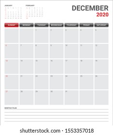 December 2020 desk calendar vector illustration, simple and clean design. 
