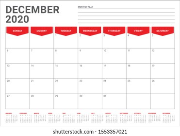 December 2020 desk calendar vector illustration, simple and clean design. 
