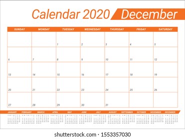 December 2020 desk calendar vector illustration, simple and clean design. 
