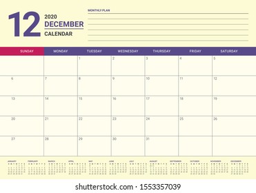 December 2020 desk calendar vector illustration, simple and clean design. 
