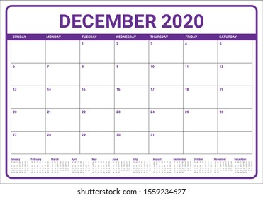 December 2020 desk calendar vector illustration, simple and clean design. 
