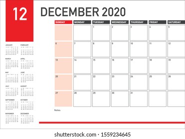 December 2020 desk calendar vector illustration, simple and clean design. 
