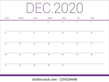 December 2020 desk calendar vector illustration, simple and clean design. 

