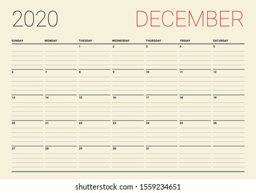 December 2020 desk calendar vector illustration, simple and clean design. 
