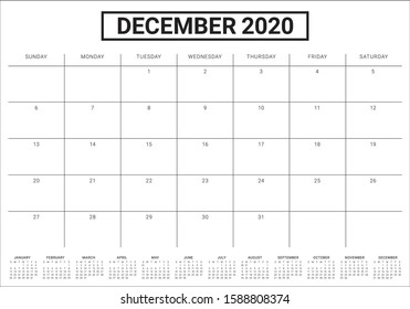December 2020 desk calendar vector illustration, simple and clean design. 
